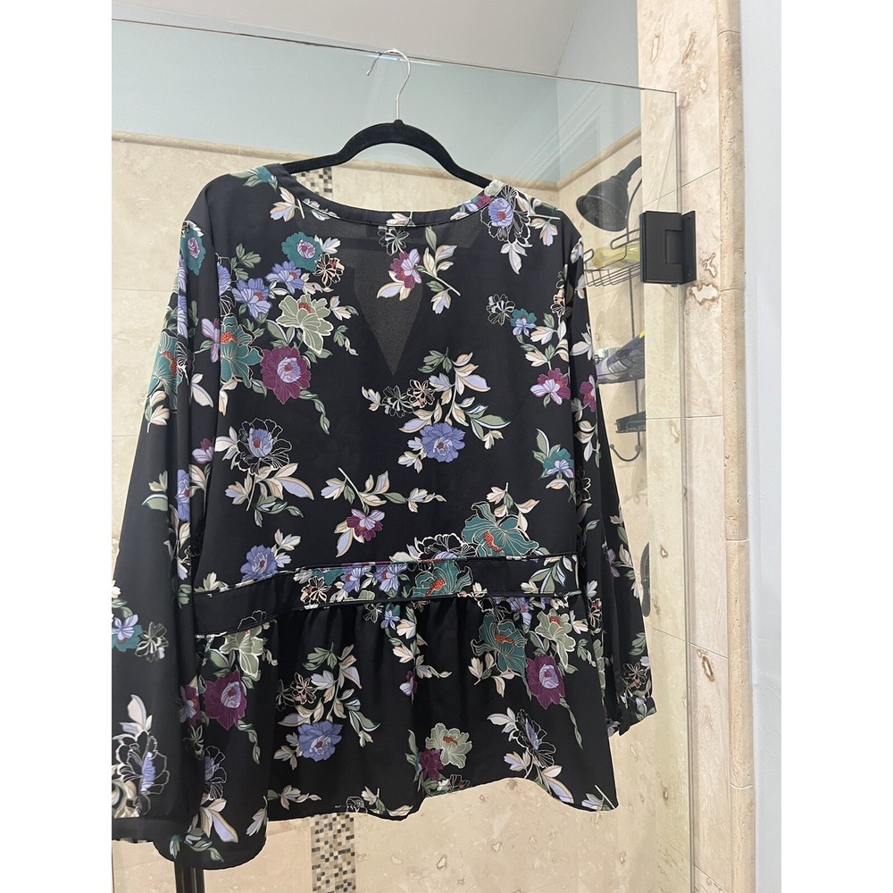 Ann Taylor LOFT Plus 22 Peplum V neck Black Purple  Fall Print blouse - Picture 7 of 8